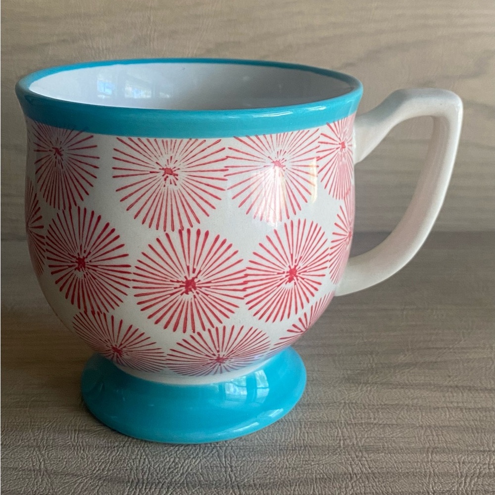 Pioneer Woman Happiness Footed Red & Turquoise Coffee Mug Pedestal Cup Starburst